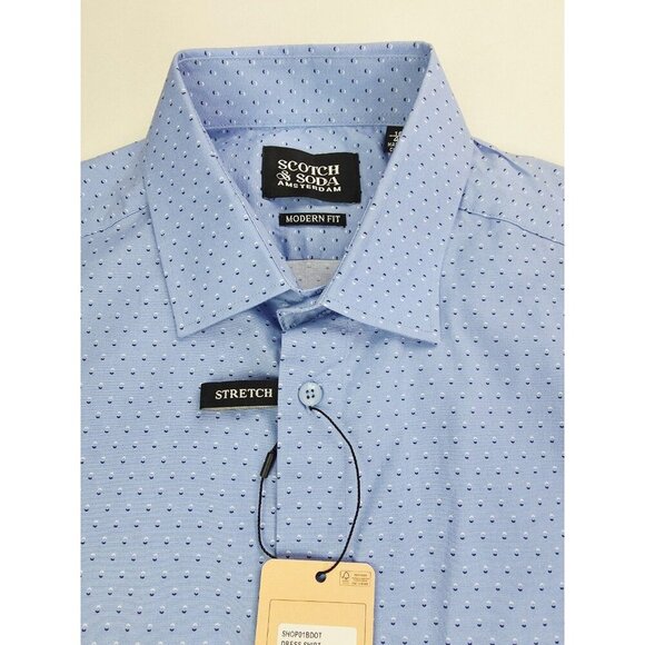 Scotch & Soda Amsterdam Size 16/41 Mens Modern Fit Stretch Blue Polka Dots Shirt - Picture 1 of 11